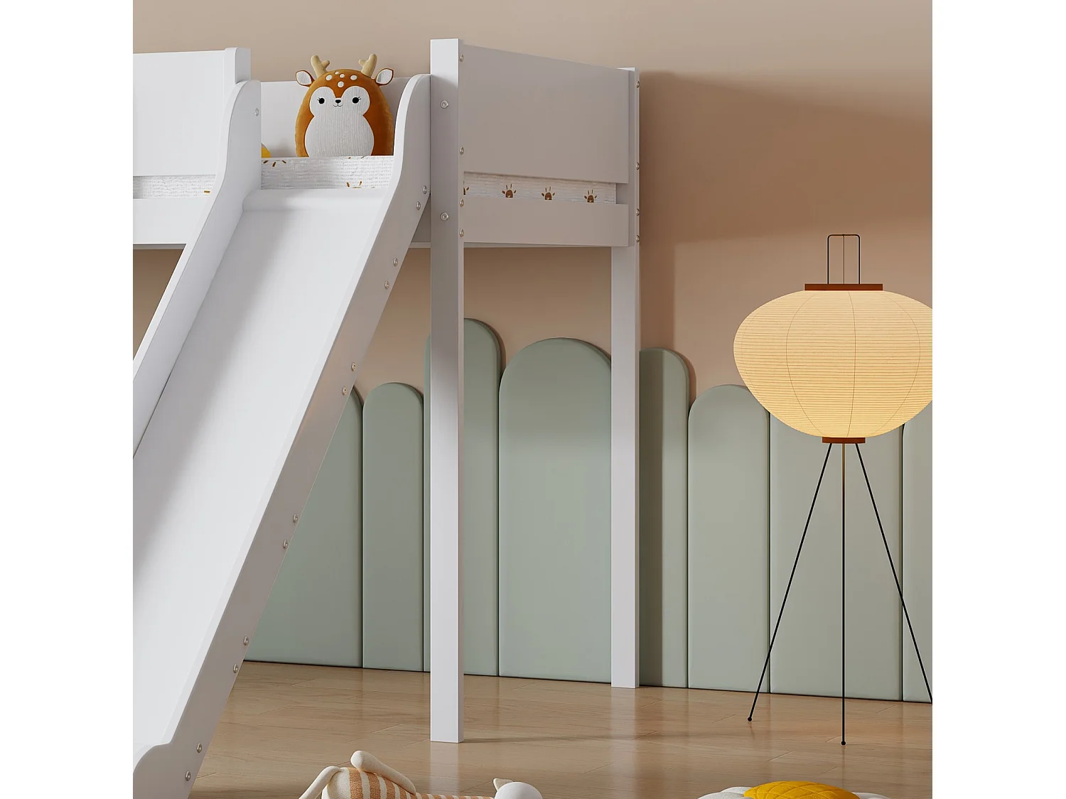 Lit mezzanine 90x200cm - étagère de rangement amovible - lit superposé avec toboggan et escaliers - Pin massif et MDF - Blanc