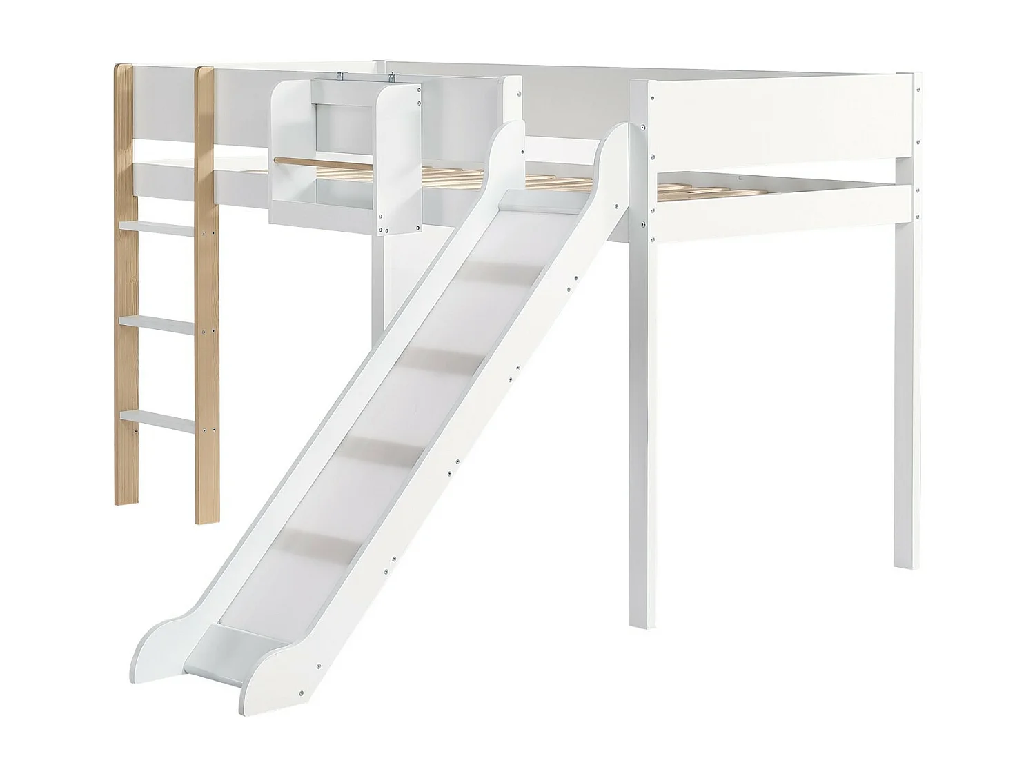 Lit mezzanine 90x200cm - étagère de rangement amovible - lit superposé avec toboggan et escaliers - Pin massif et MDF - Blanc