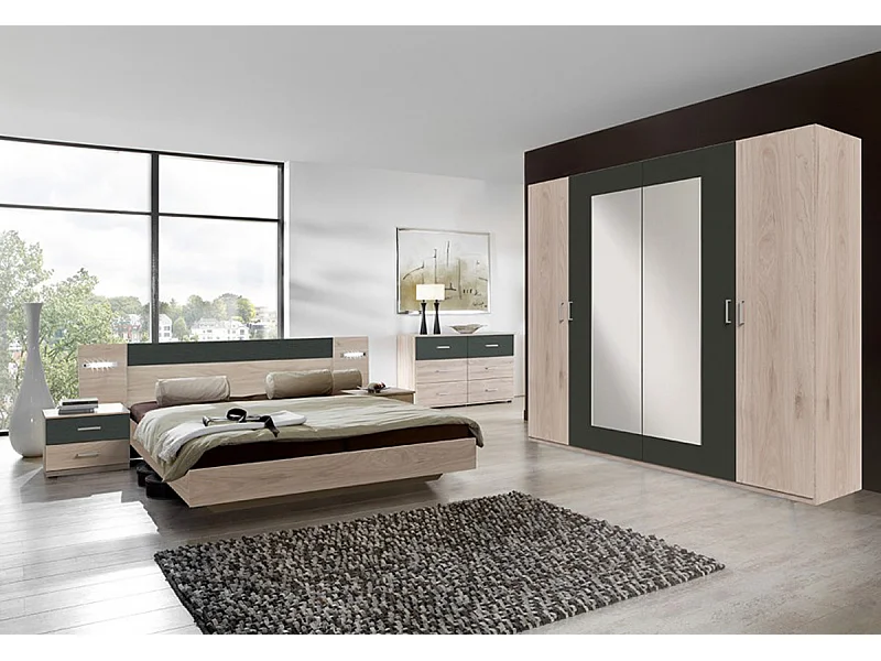 Ensemble chambre adulte coloris Imitation chêne, graphite - 160x200 cm