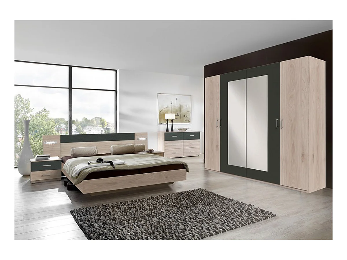 Ensemble chambre adulte coloris Imitation chêne, graphite - 160x200 cm
