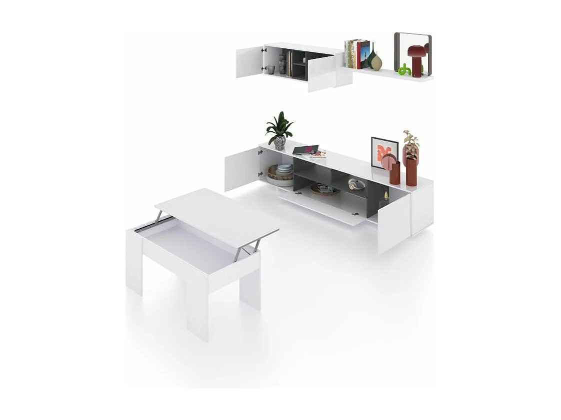 Pack salón con mesa de centro Kenzo Plus V2 Blanco Brillo - Gris Antracita