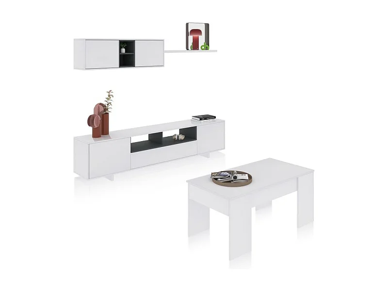 Pack salón con mesa de centro Kenzo Plus V2 Blanco Brillo - Gris Antracita