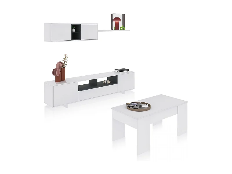 Pack salón con mesa de centro Kenzo Plus V2 Blanco Brillo - Gris Antracita