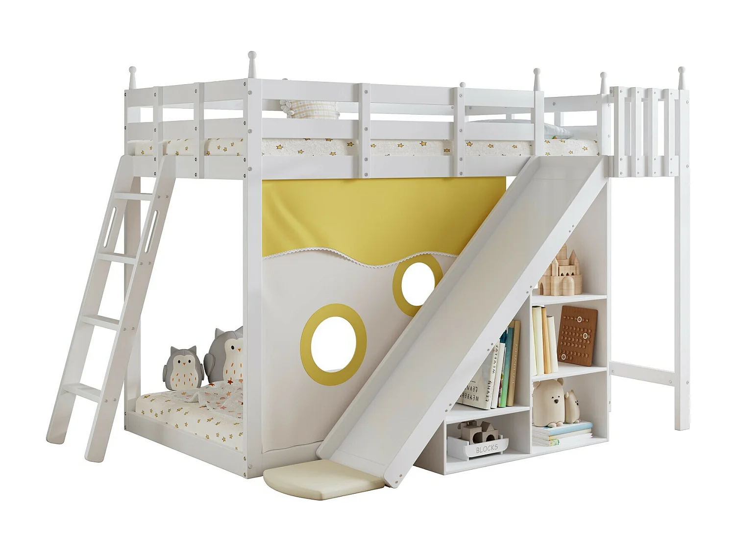 Lits superposés 2x90x200cm - avec escaliers et clôtures - toboggan avec rangement - Pin - Blanc