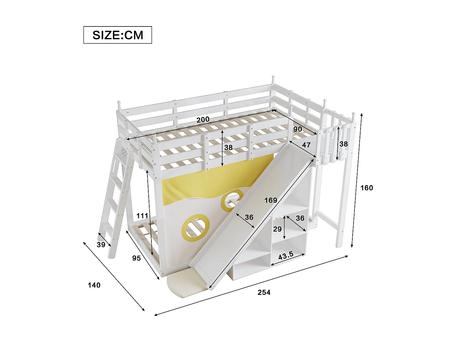 Lits superposés 2x90x200cm - avec escaliers et clôtures - toboggan avec rangement - Pin - Blanc