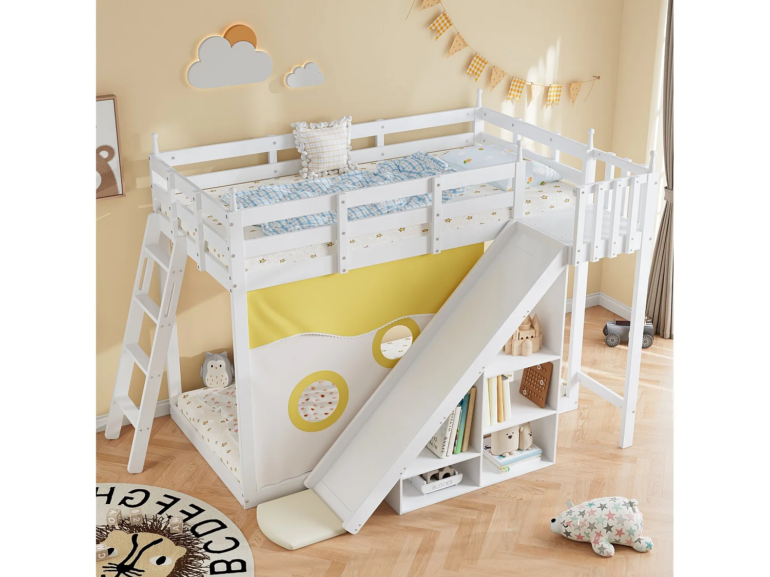 Lits superposés 2x90x200cm - avec escaliers et clôtures - toboggan avec rangement - Pin - Blanc