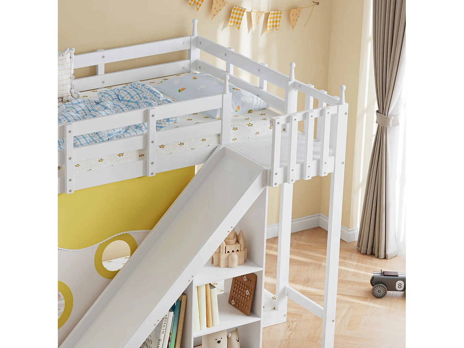 Lits superposés 2x90x200cm - avec escaliers et clôtures - toboggan avec rangement - Pin - Blanc