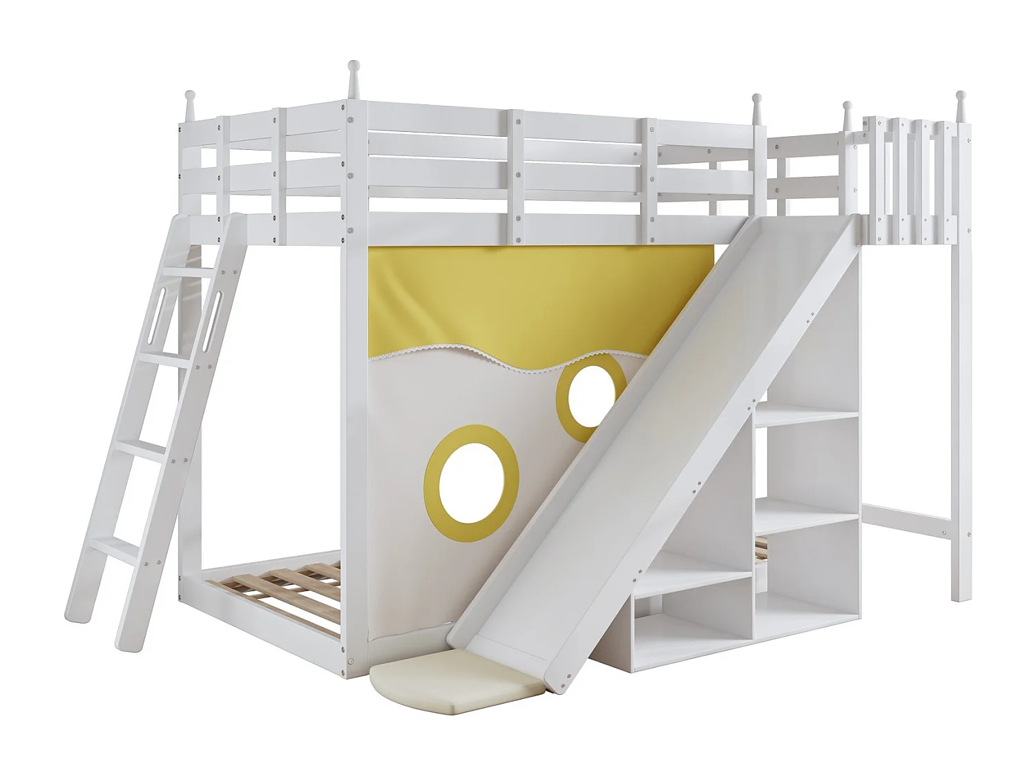 Lits superposés 2x90x200cm - avec escaliers et clôtures - toboggan avec rangement - Pin - Blanc