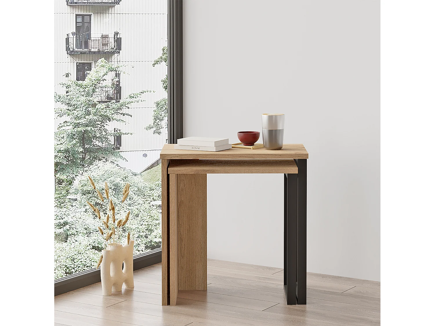 Lot de 2 tables basses gigognes Vesanto de tailles différentes effet chêne noir [en.casa]
