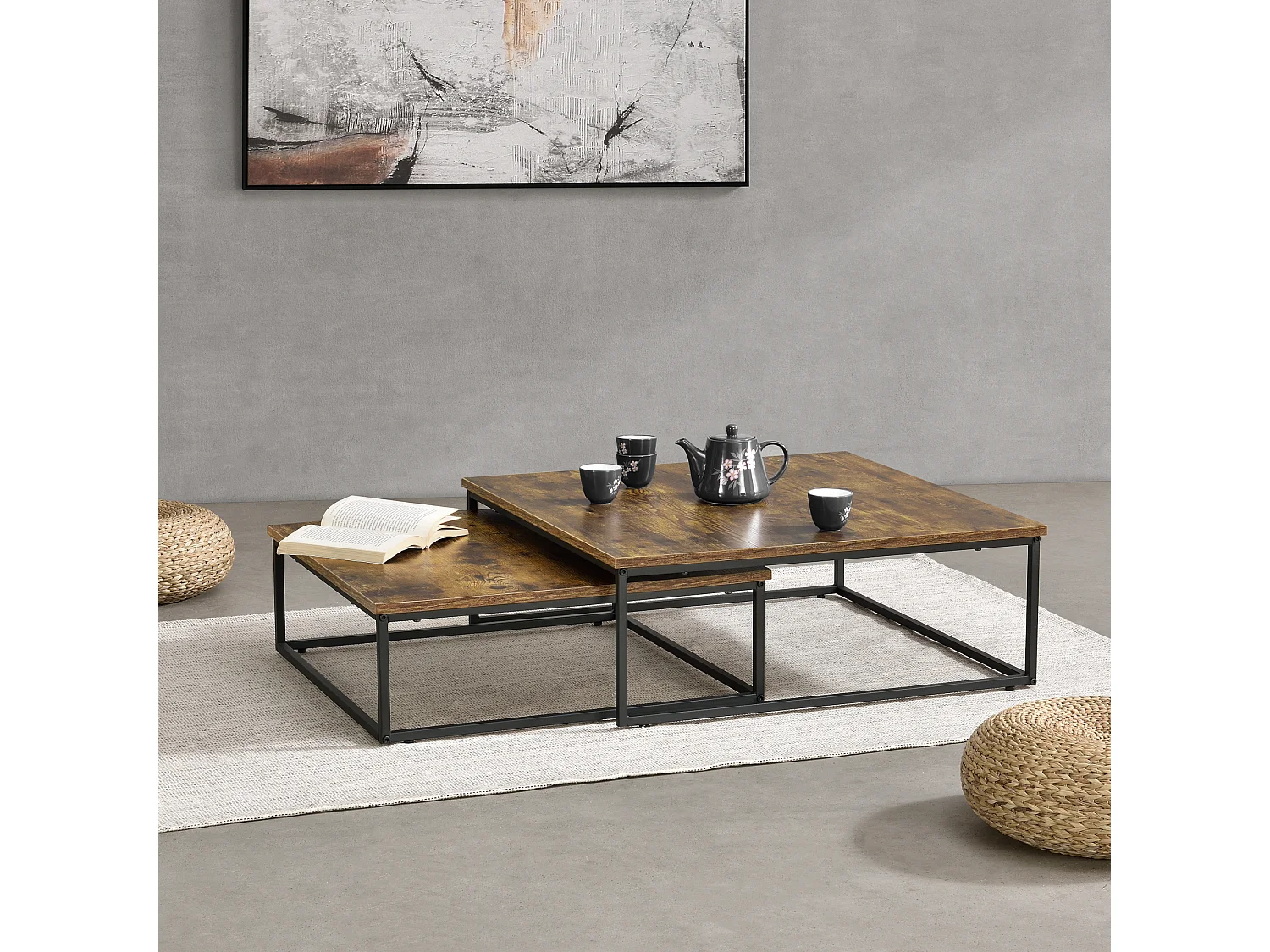 Lot de 2 tables basses gigognes Haninge carrées Effet bois foncé [en.casa]