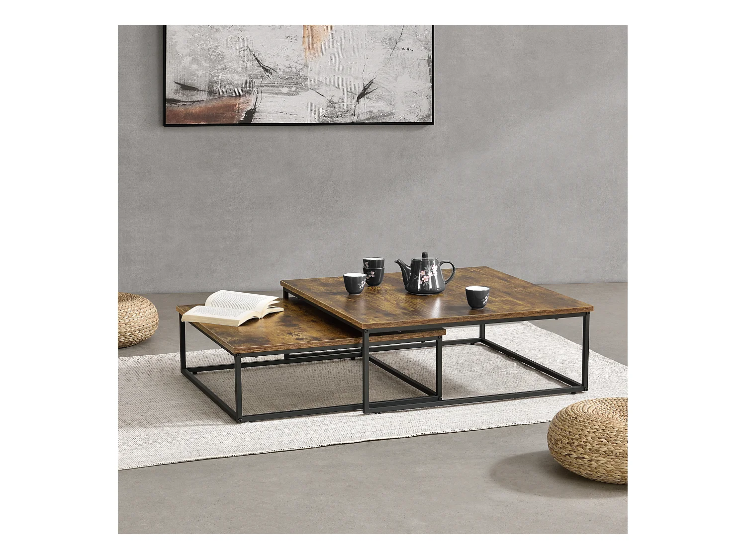 Lot de 2 tables basses gigognes Haninge carrées Effet bois foncé [en.casa]