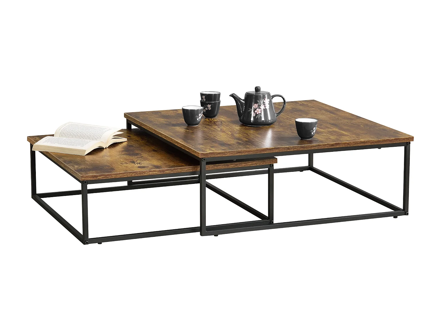 Lot de 2 tables basses gigognes Haninge carrées Effet bois foncé [en.casa]