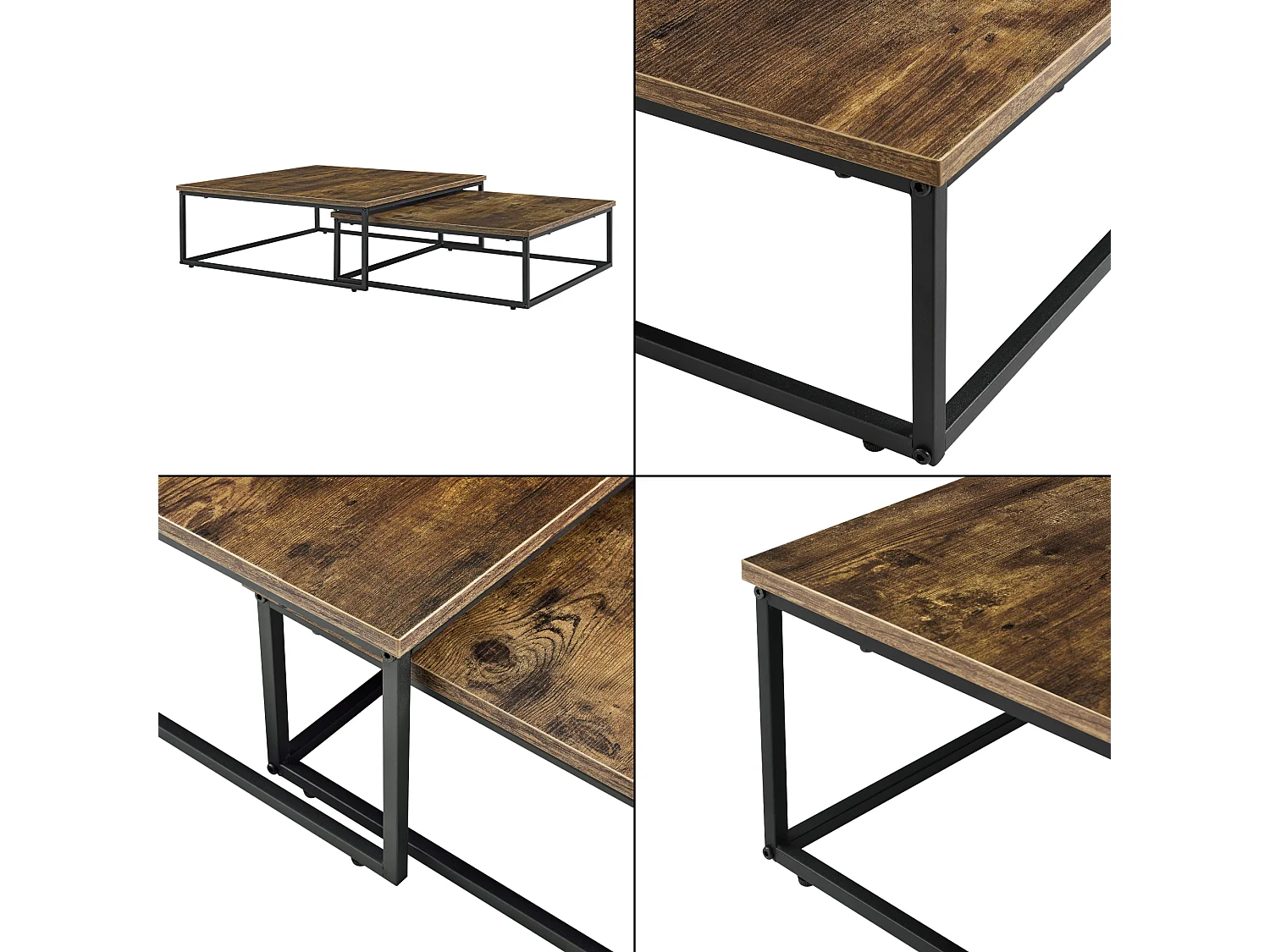 Lot de 2 tables basses gigognes Haninge carrées Effet bois foncé [en.casa]