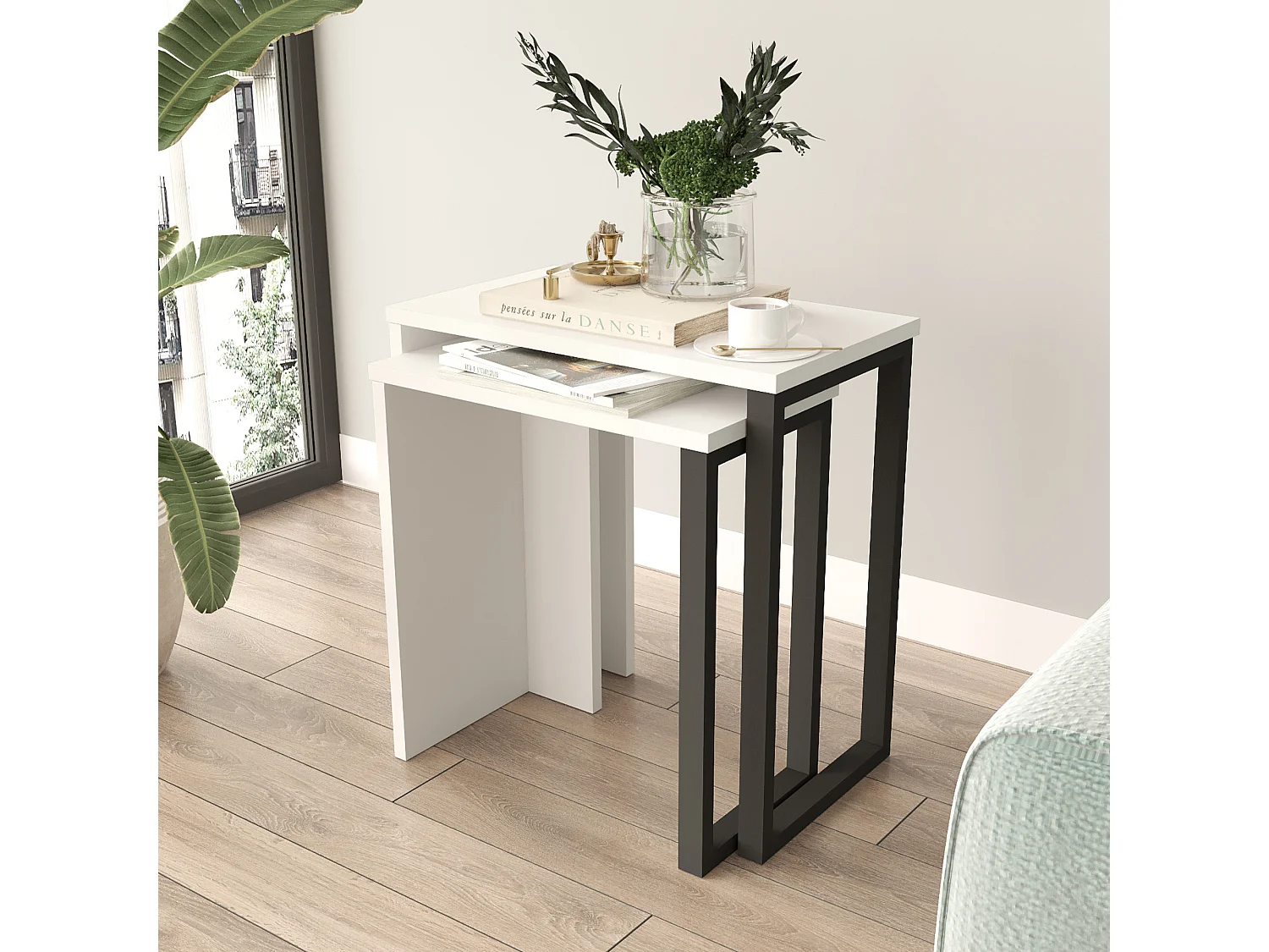 Lot de 2 tables basses gigognes Vesanto de tailles différentes blanc noir [en.casa]