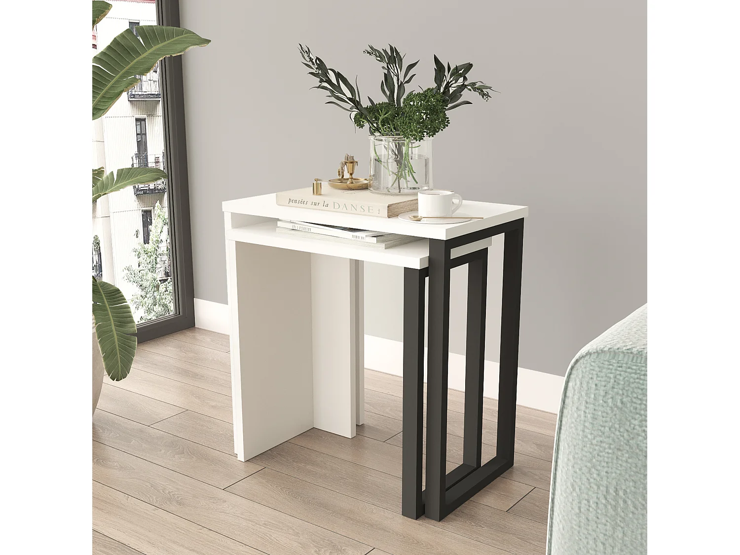 Lot de 2 tables basses gigognes Vesanto de tailles différentes blanc noir [en.casa]