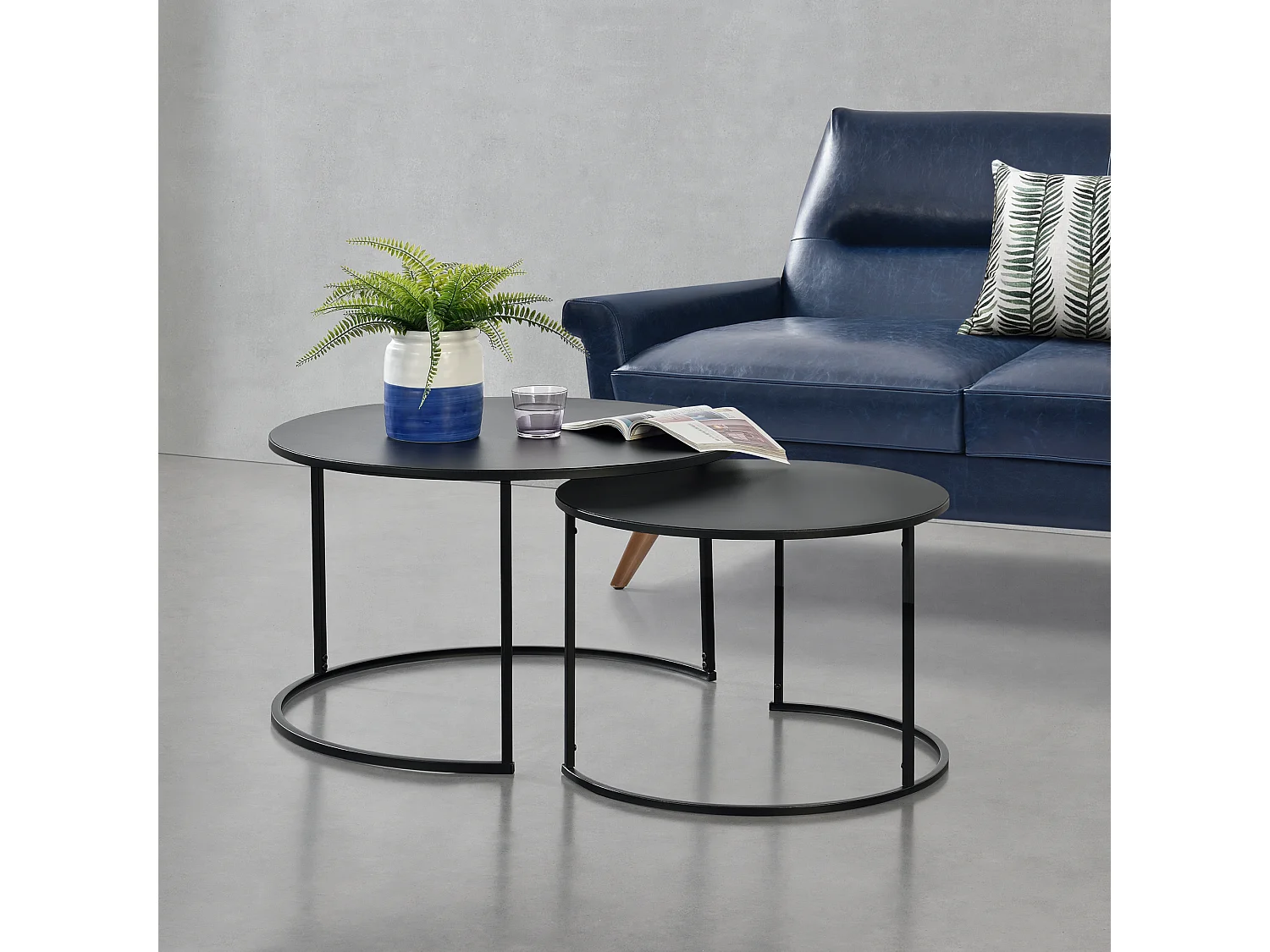 Lot de 2 Tables Basses Korenica Rondes Gigognes Noir [en.casa]