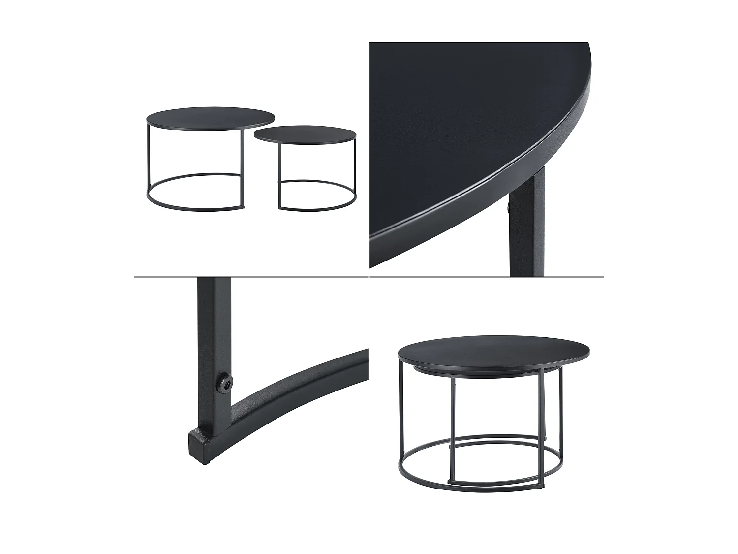 Lot de 2 Tables Basses Korenica Rondes Gigognes Noir [en.casa]