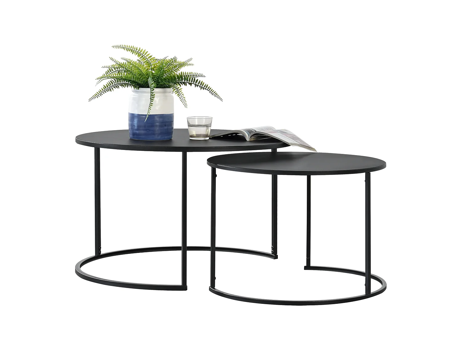 Lot de 2 Tables Basses Korenica Rondes Gigognes Noir [en.casa]