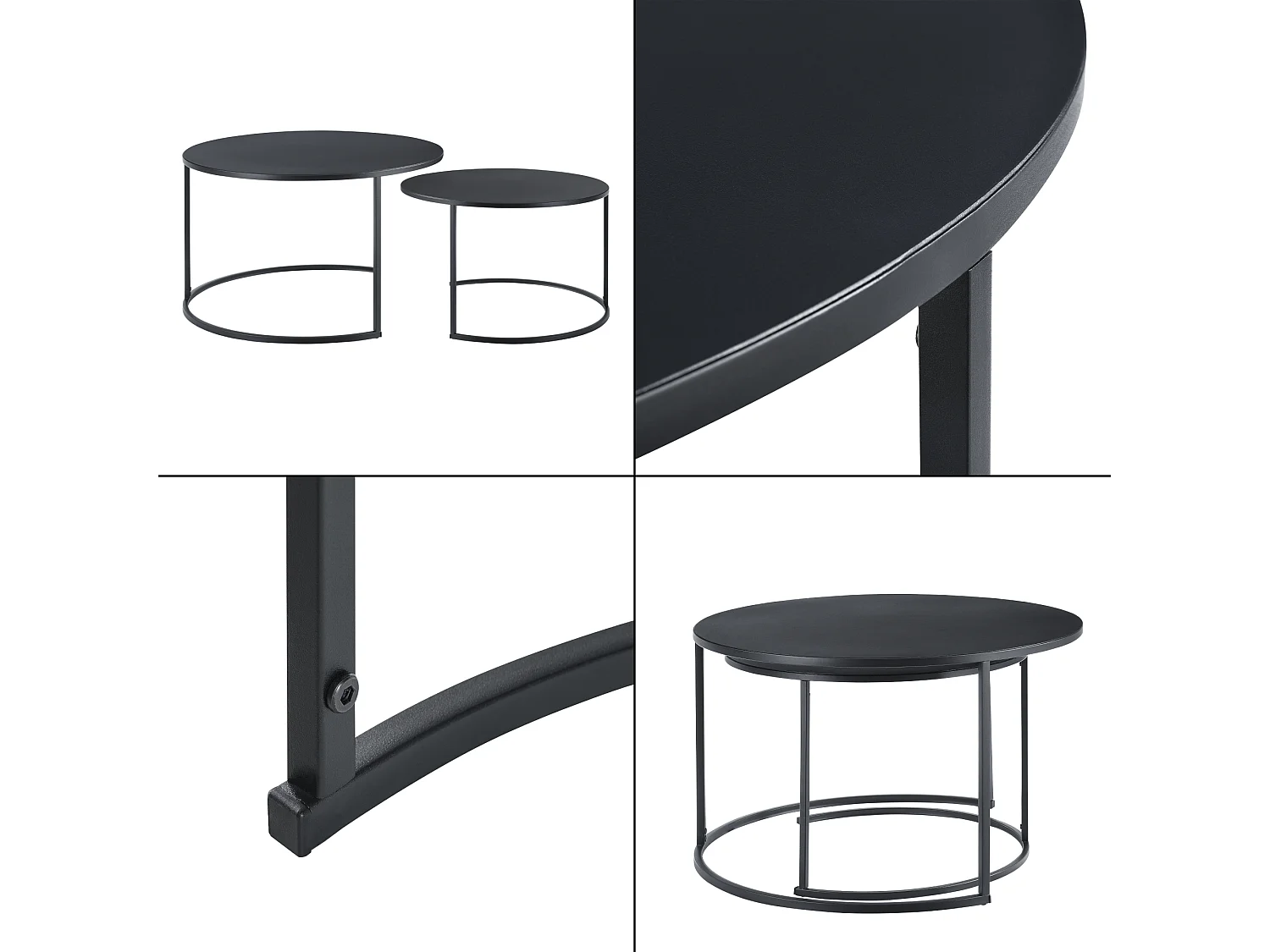 Lot de 2 Tables Basses Korenica Rondes Gigognes Noir [en.casa]