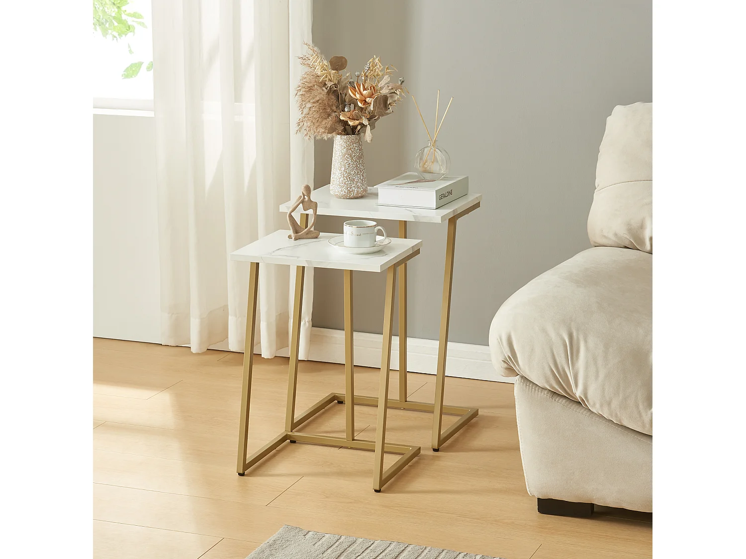 Lot de 2 tables basses gigognes Salem acier panneau de particules or effet marbre blanc [en.casa]