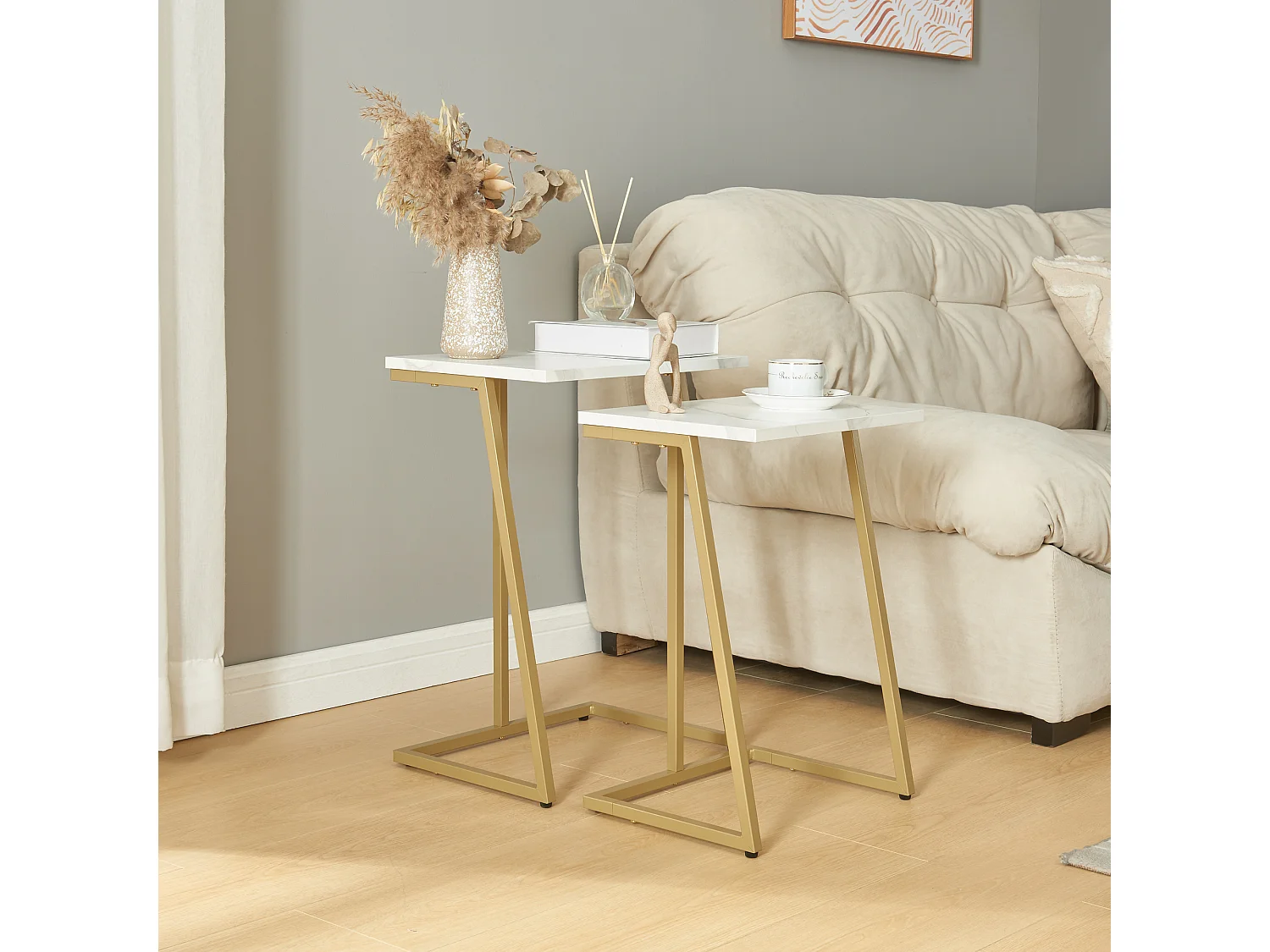 Lot de 2 tables basses gigognes Salem acier panneau de particules or effet marbre blanc [en.casa]