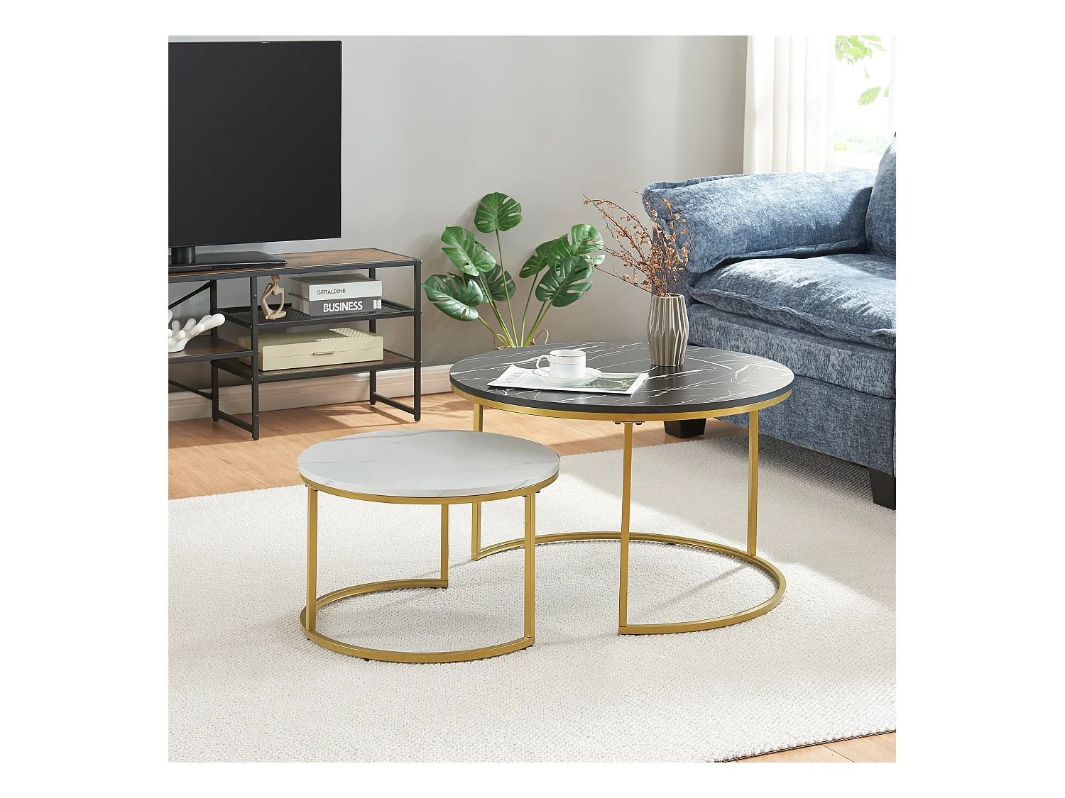 Set de 2 tables basses Christchurch rondes gigognes effet marbre noir blanc doré [en.casa]