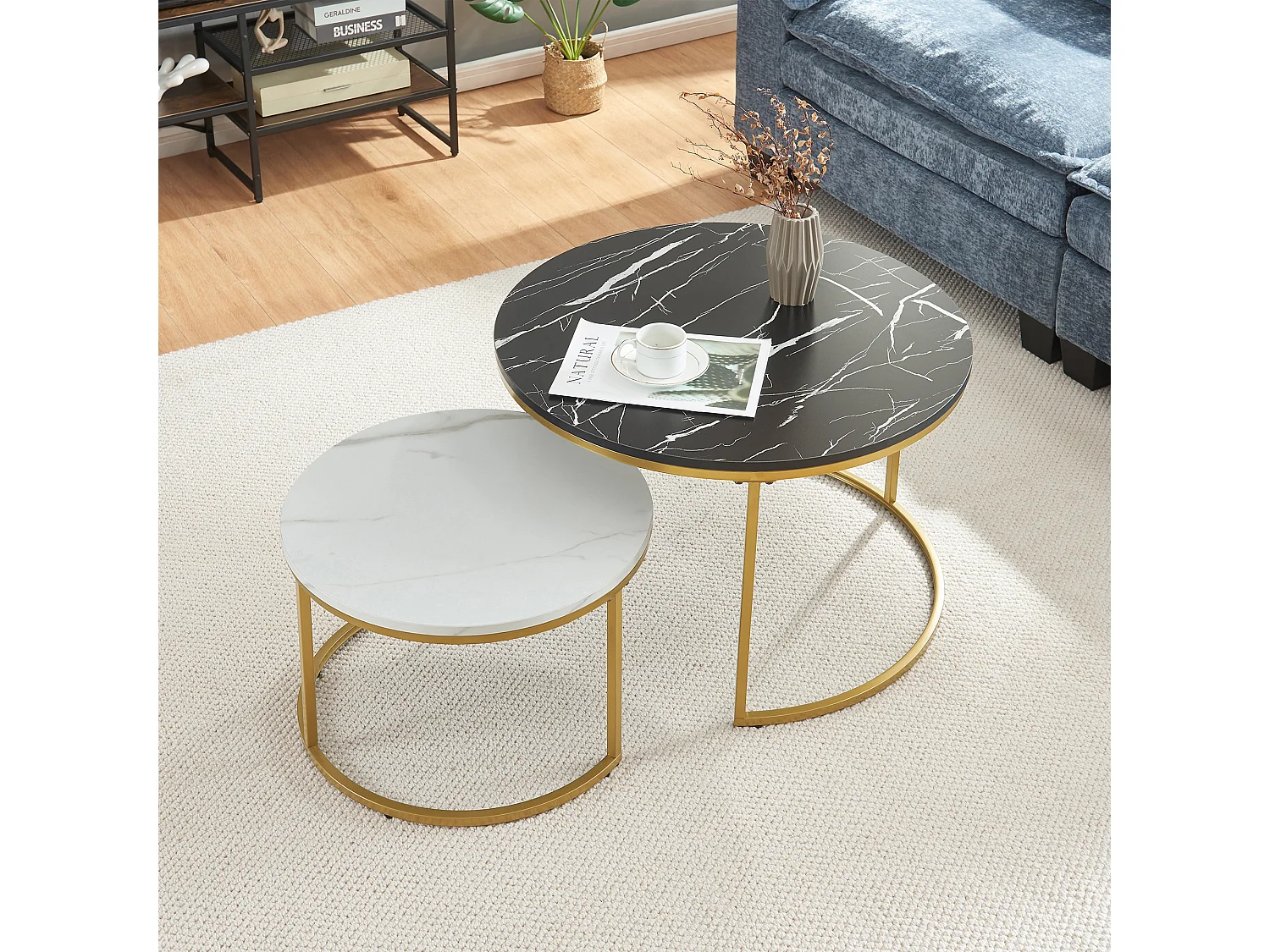 Set de 2 tables basses Christchurch rondes gigognes effet marbre noir blanc doré [en.casa]