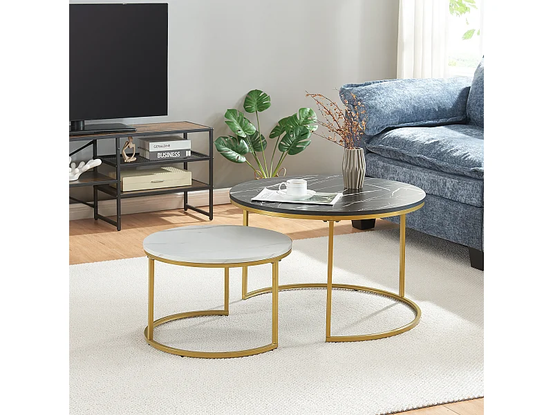Set de 2 tables basses Christchurch rondes gigognes effet marbre noir blanc doré [en.casa]