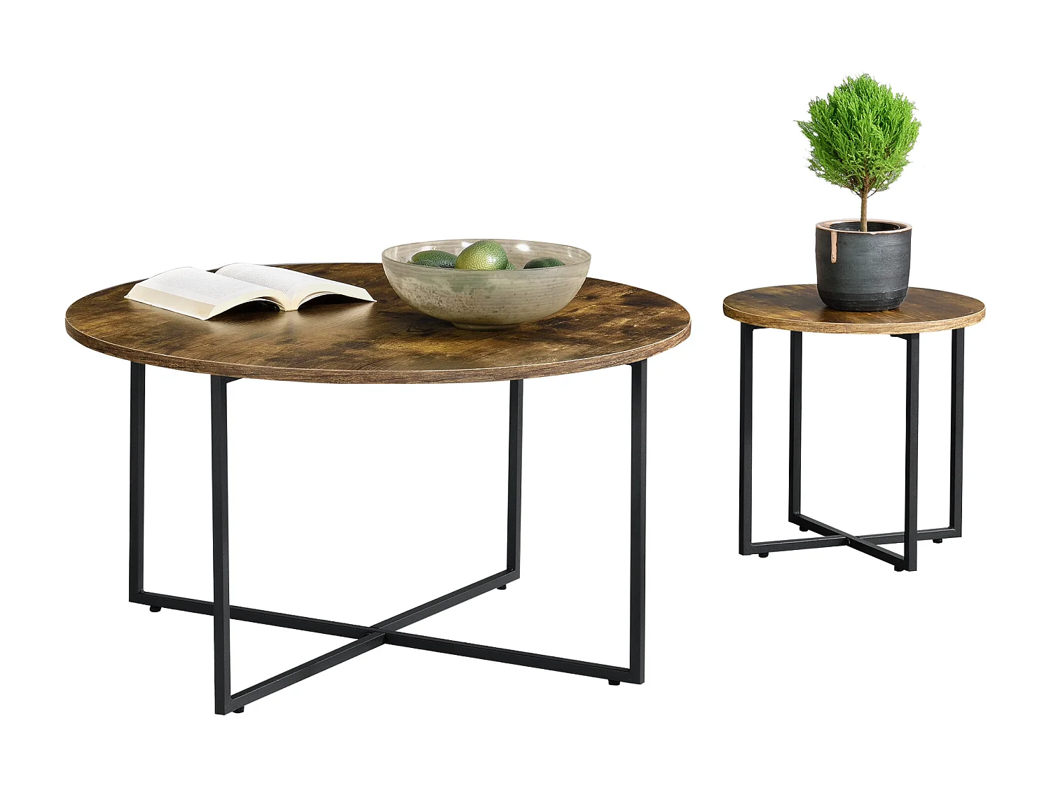 Set de 2 tables basses gigognes Härjedalen Effet bois foncé Noir mat [en.casa]