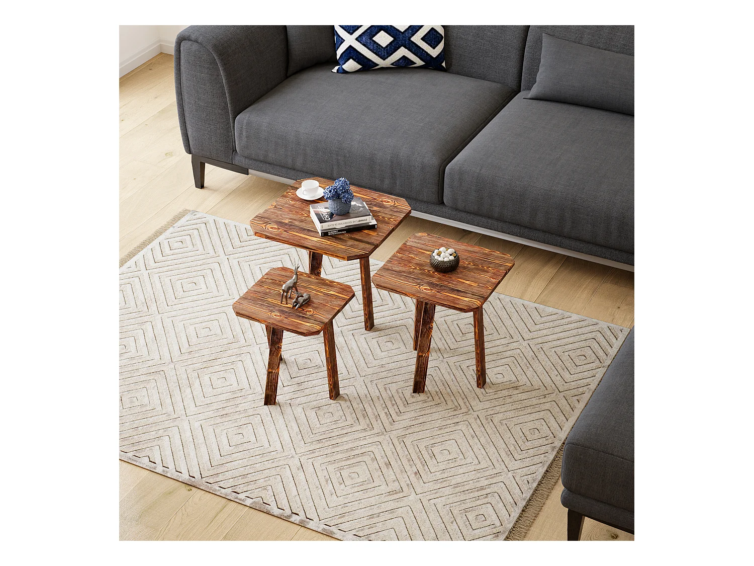 Lot de 3 tables basses gigognes Masku bois de pin 40 - 50 x 30 x 30 cm bois foncé [en.casa]