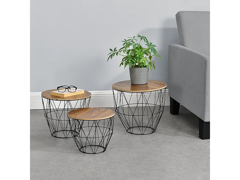 Set de 3 Tables Gigognes Padua Plusieurs Tailles Effet Chêne Antique Noir [en.casa]