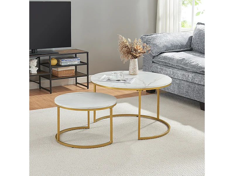 Set de 2 tables basses Christchurch rondes gigognes effet marbre blanc doré [en.casa]