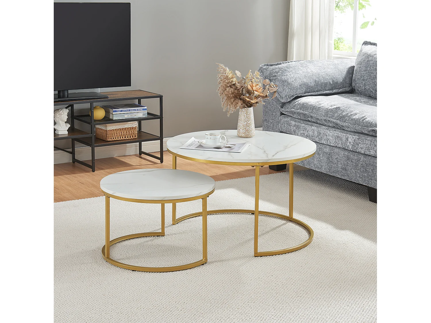 Set de 2 tables basses Christchurch rondes gigognes effet marbre blanc doré [en.casa]