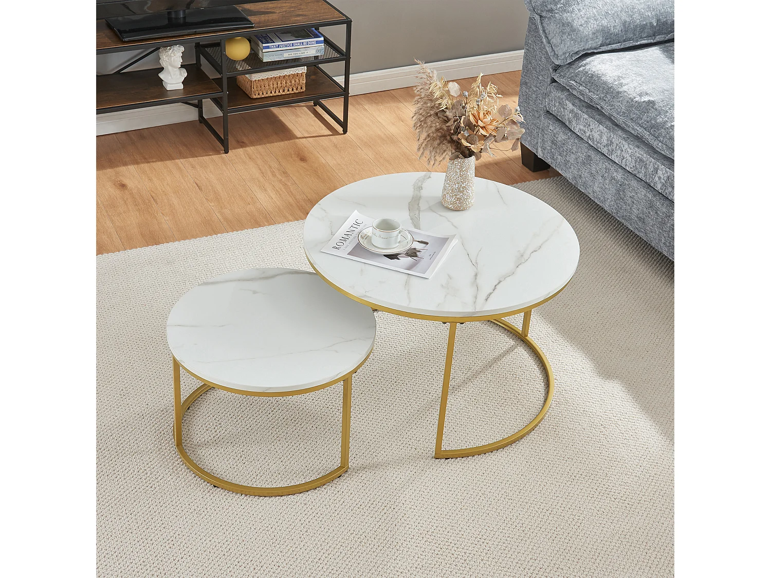 Set de 2 tables basses Christchurch rondes gigognes effet marbre blanc doré [en.casa]