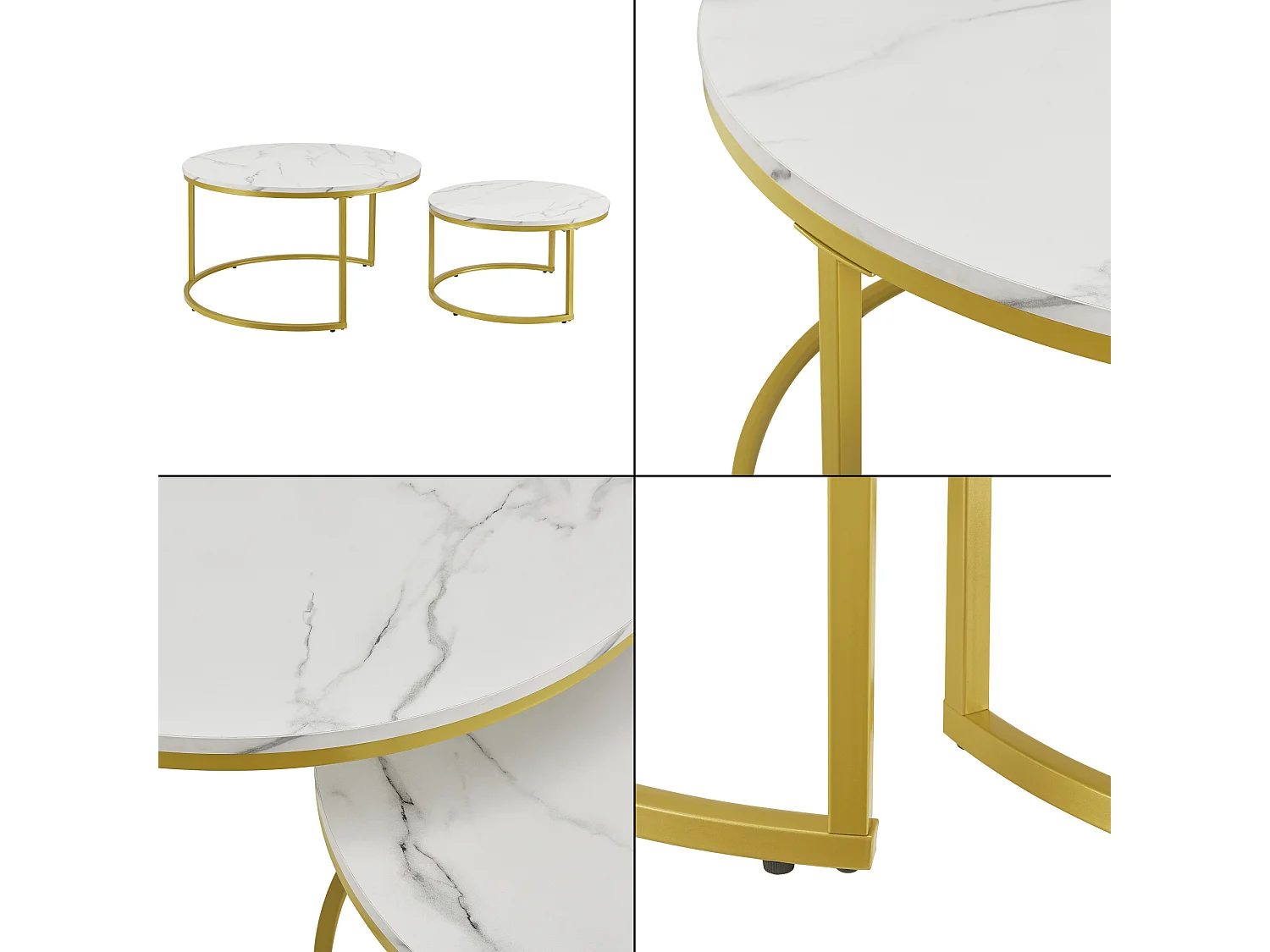 Set de 2 tables basses Christchurch rondes gigognes effet marbre blanc doré [en.casa]