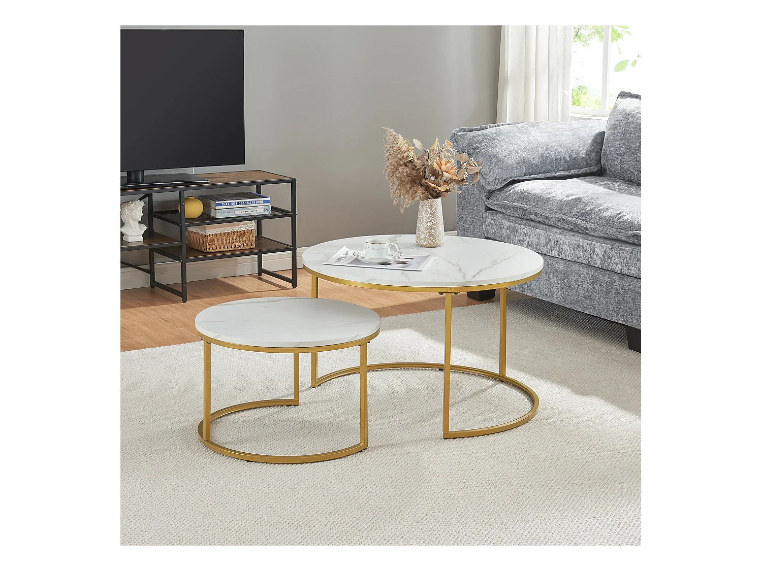Set de 2 tables basses Christchurch rondes gigognes effet marbre blanc doré [en.casa]