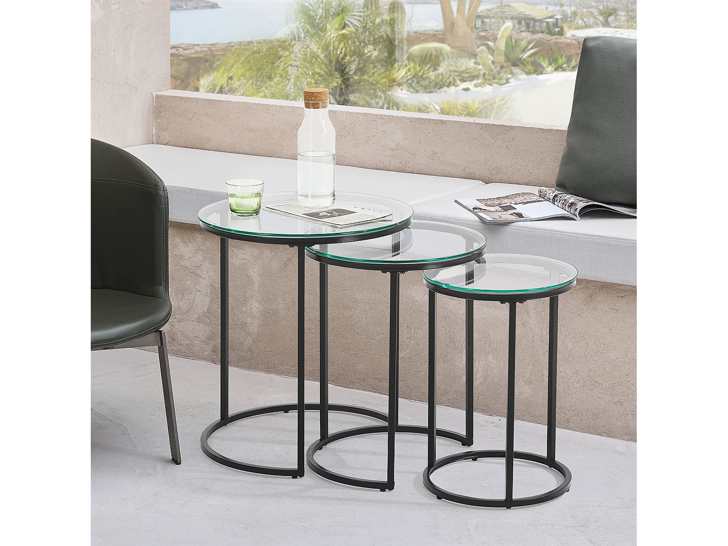 Set de 3 tables d'appoint Kyyjärvi rondes gigognes verre clair [en.casa]