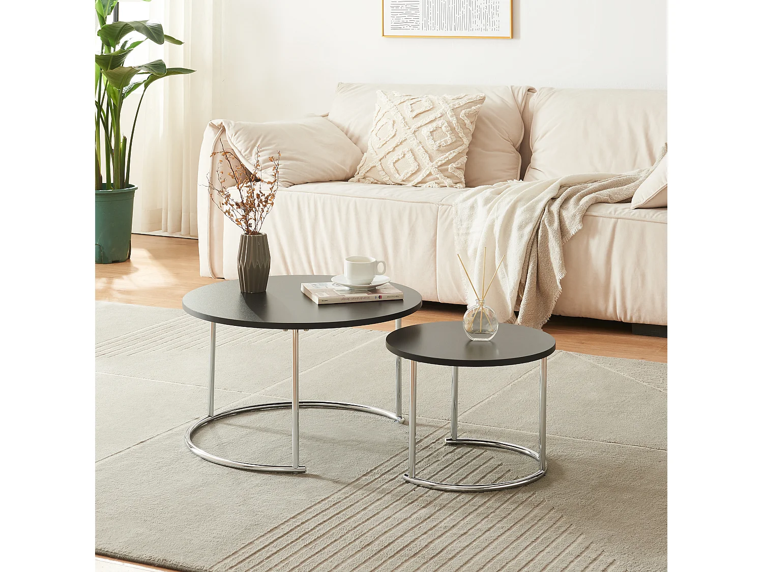 Set de 2 tables basses Christchurch rondes gigognes noir chrome [en.casa]