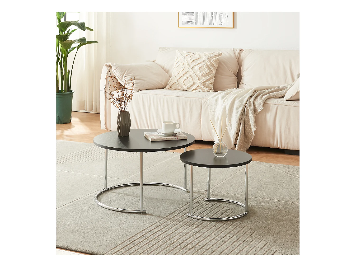Set de 2 tables basses Christchurch rondes gigognes noir chrome [en.casa]