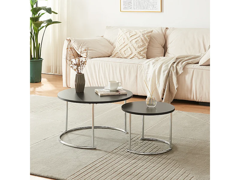 Set de 2 tables basses Christchurch rondes gigognes noir chrome [en.casa]