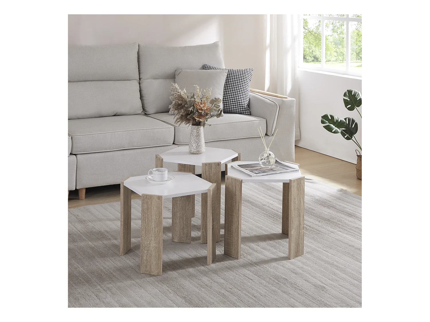 Ensemble de 3 tables basses gigognes Rantasalmi blanc effet chêne [en.casa]