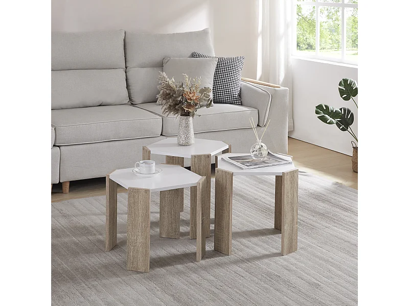 Ensemble de 3 tables basses gigognes Rantasalmi blanc effet chêne [en.casa]