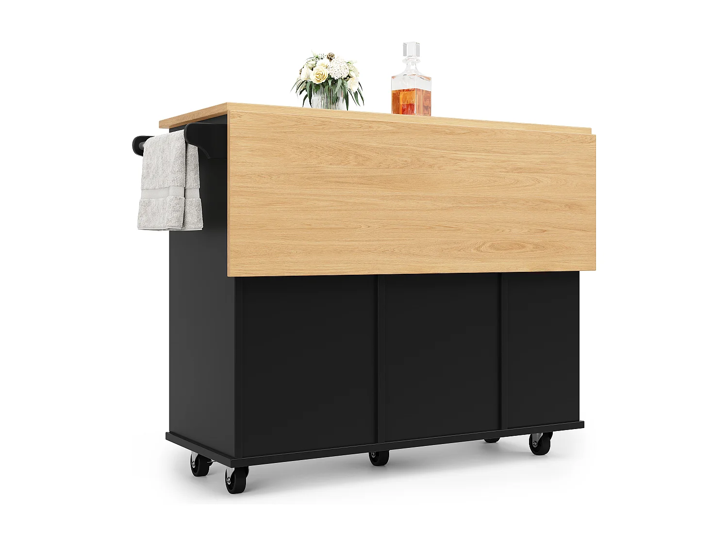 Ilha central de cozinha - carrinho com rodas e plano extensível - 2 gavetas e 1 porta - Preto