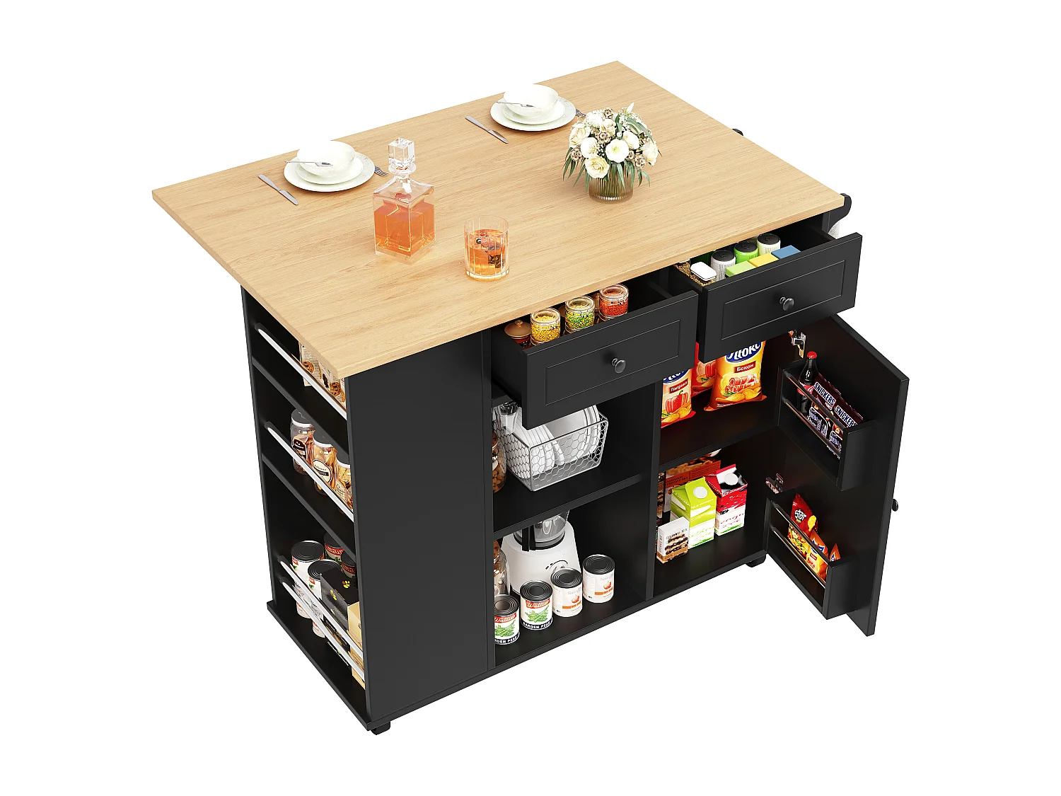 Ilha central de cozinha - carrinho com rodas e plano extensível - 2 gavetas e 1 porta - Preto