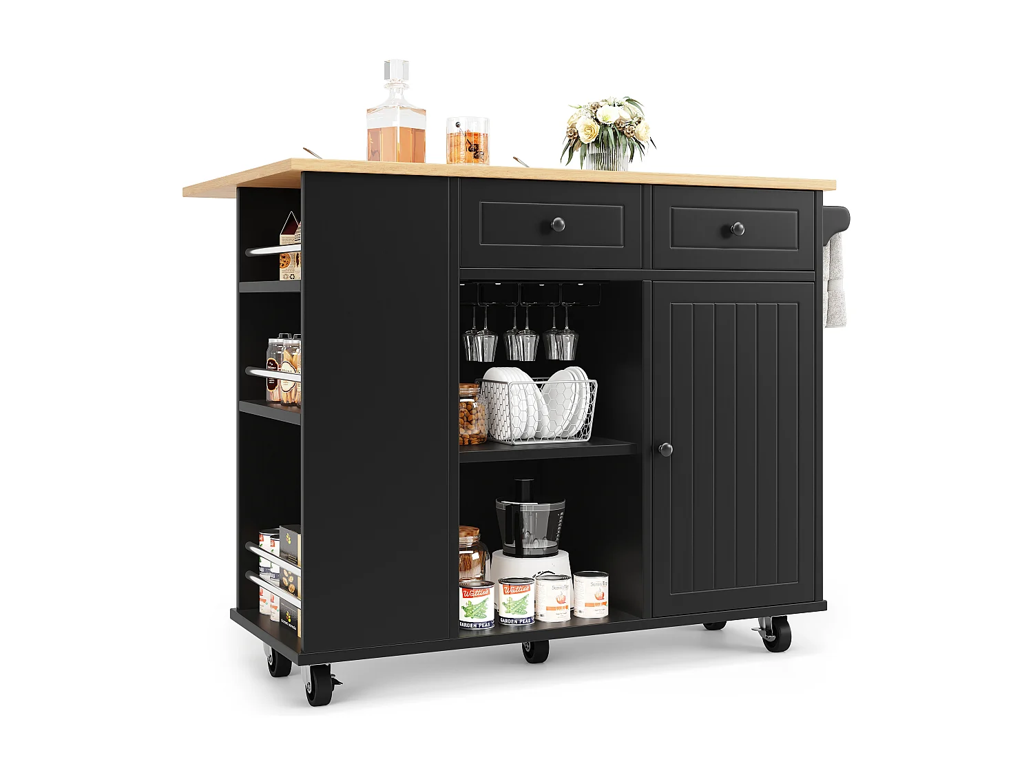 Ilha central de cozinha - carrinho com rodas e plano extensível - 2 gavetas e 1 porta - Preto