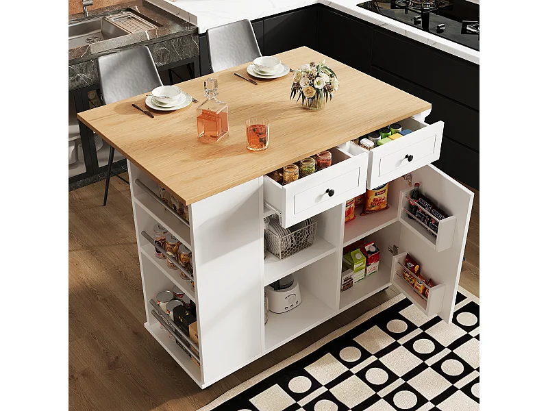 Zentrale Kücheninsel - Rollwagen mit ausziehbarem Tablett - 2 Schubladen und 1 Tür - Weiß