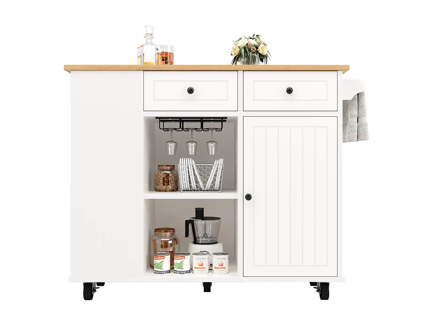 Ilot central de cuisine - chariot à roulette avec plateau extensible - 2 tiroirs et 1 portes - Blanc