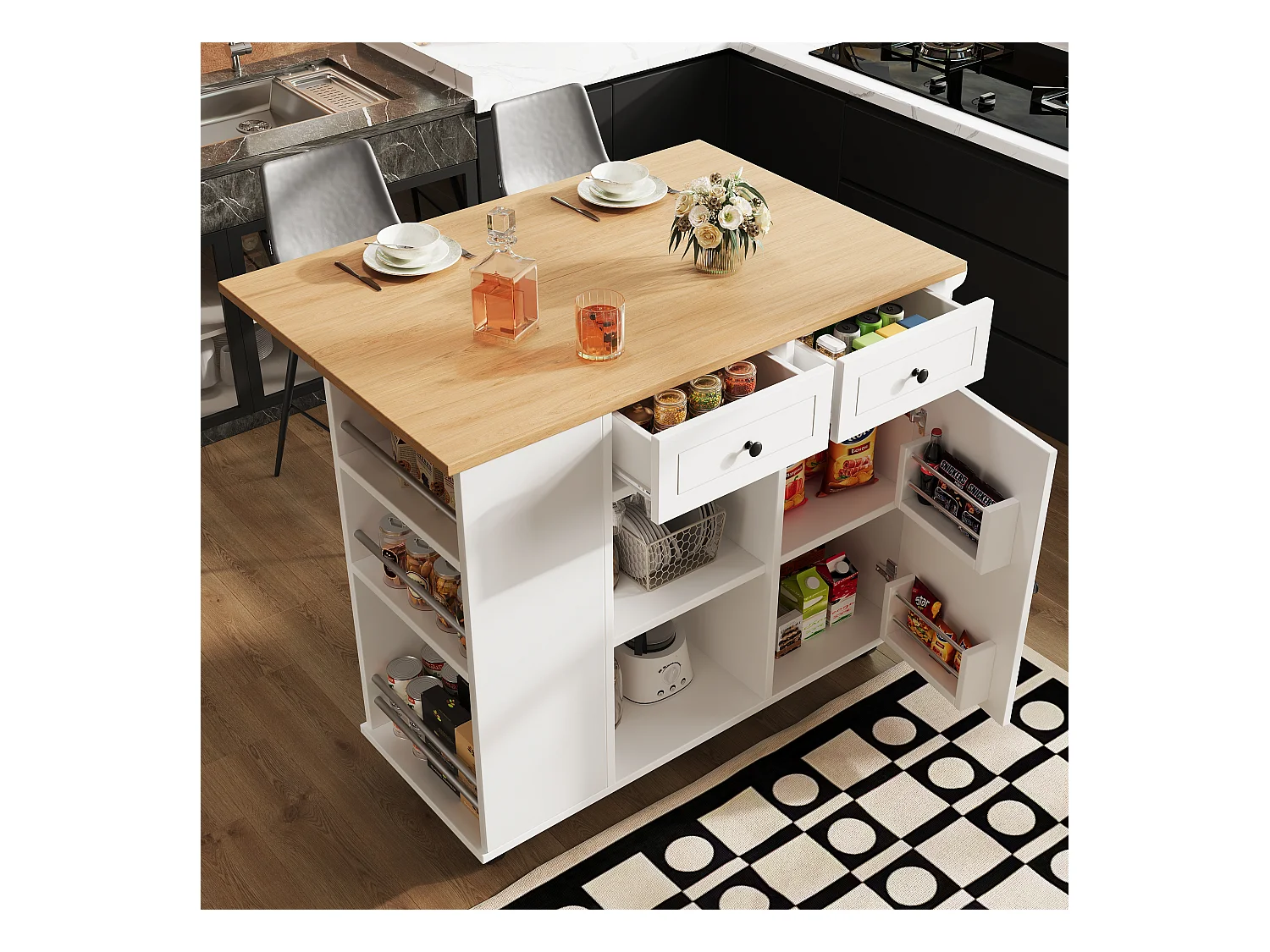 Ilot central de cuisine - chariot à roulette avec plateau extensible - 2 tiroirs et 1 portes - Blanc