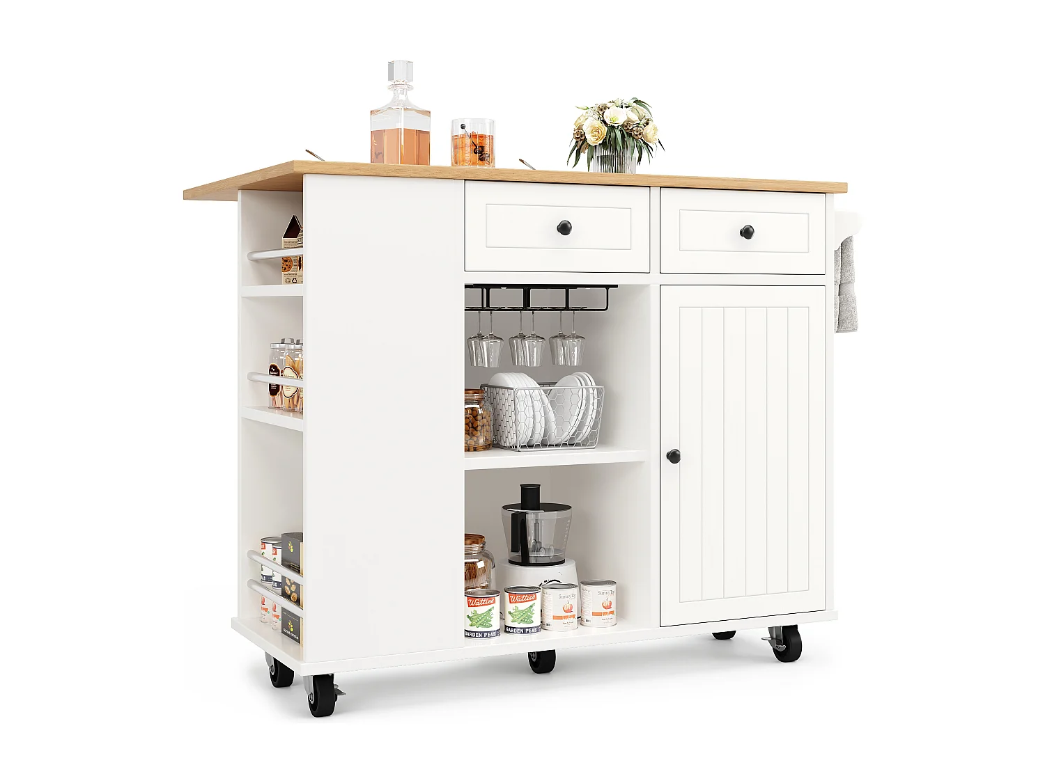 Ilot central de cuisine - chariot à roulette avec plateau extensible - 2 tiroirs et 1 portes - Blanc