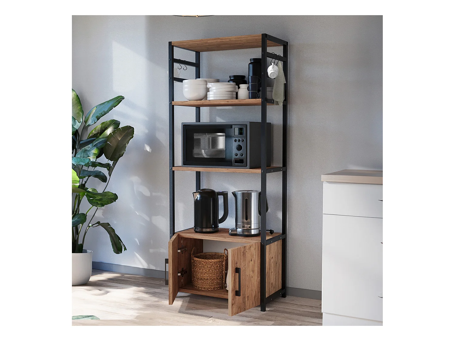 Étagère de cuisine Arhuni 139 x 56 x 30 cm noir effet chêne [en.casa]